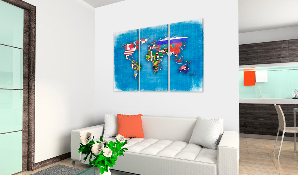 Weltkarte als Leinwandbild - Wandbild - Fahnen der Welt - Triptychon