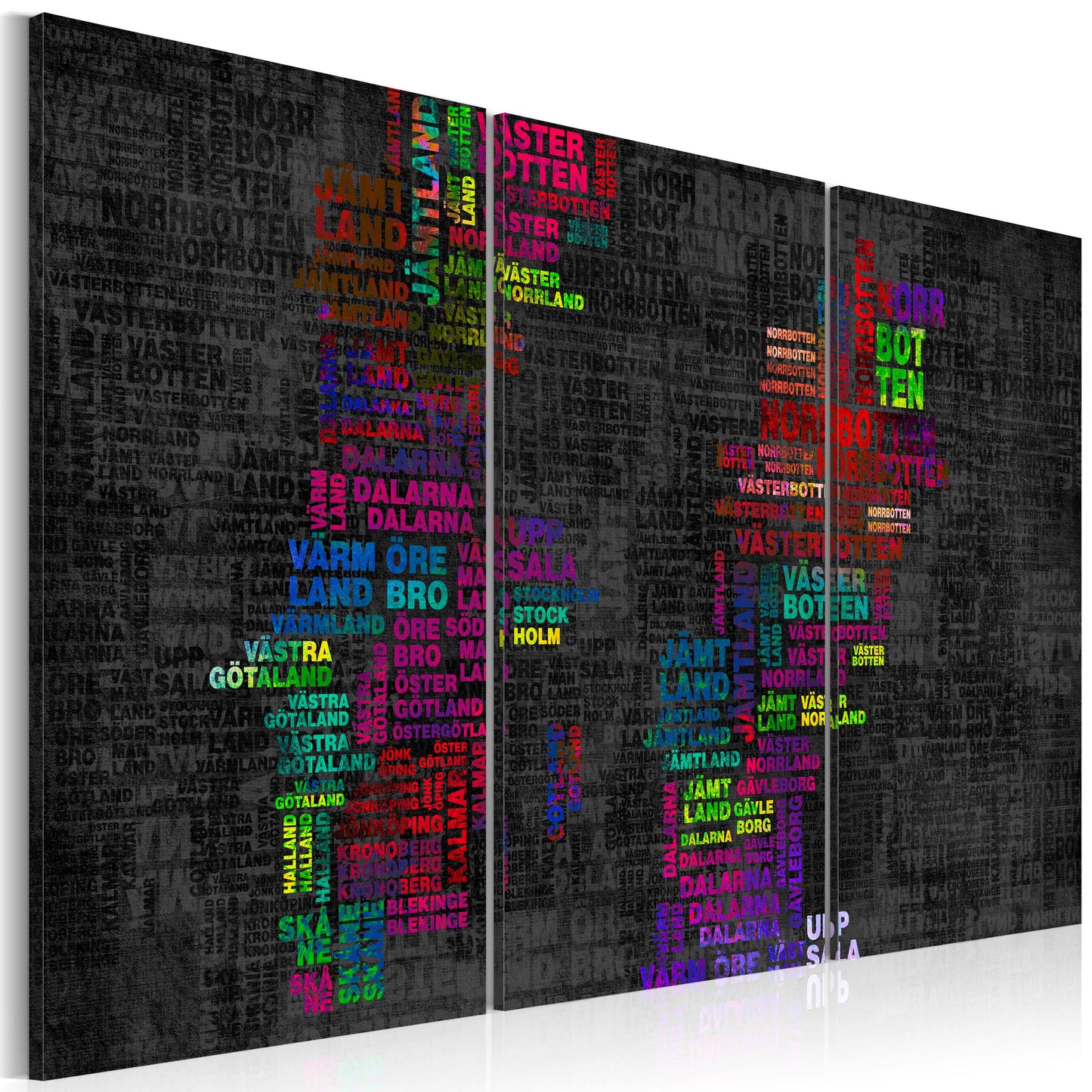 Weltkarte als Leinwandbild - Wandbild - Landkarte von Schweden (bunte Städtenamen) - Triptychon
