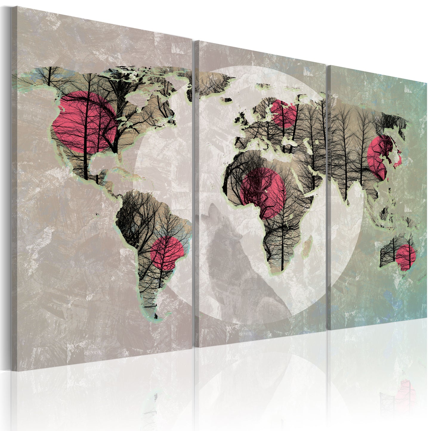 Weltkarte als Leinwandbild - Wandbild - Weltkarte: Vollmond - Triptychon