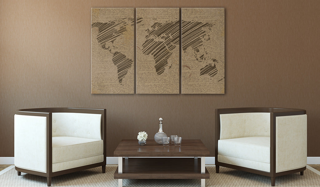 Weltkarte als Leinwandbild - Wandbild - Notizen aus der Welt - Triptychon