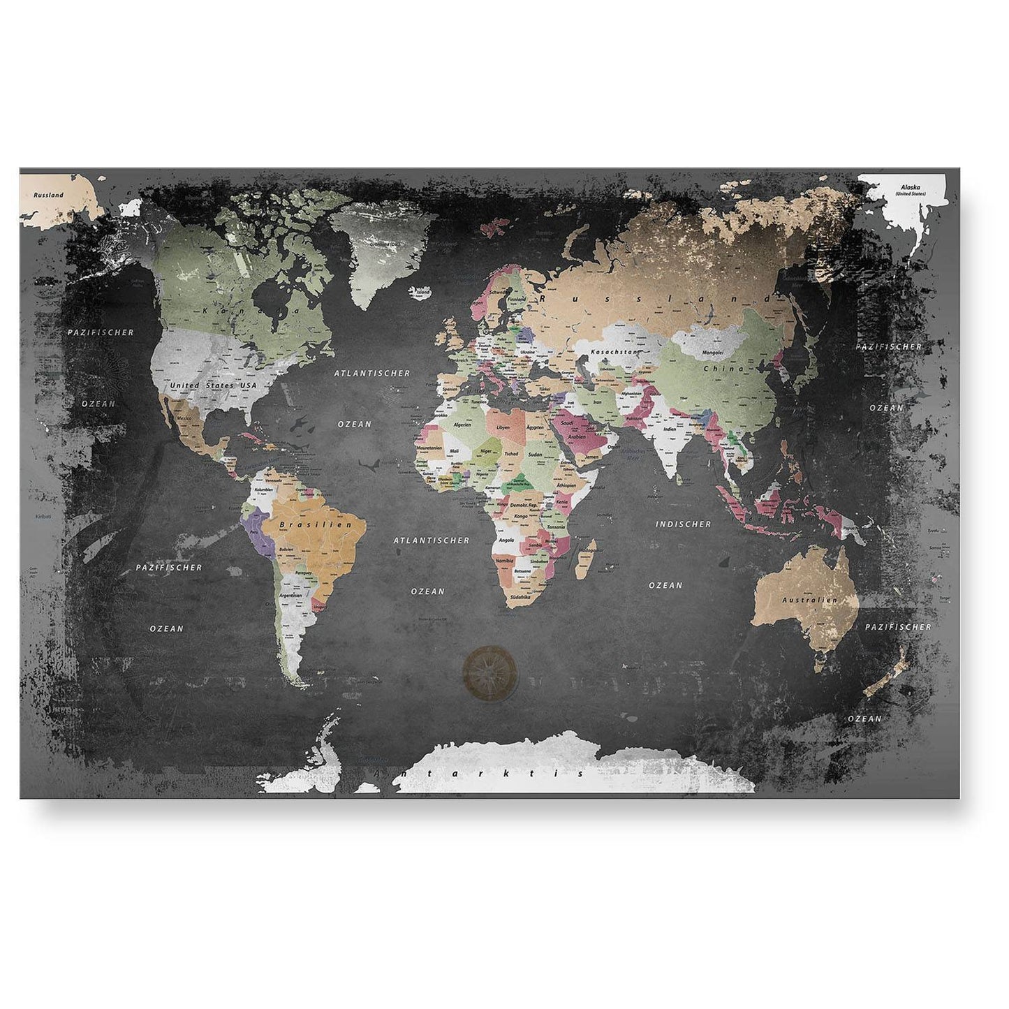 Echtglas Wandbild - Weltkarte Graphit - WELTKARTEN24