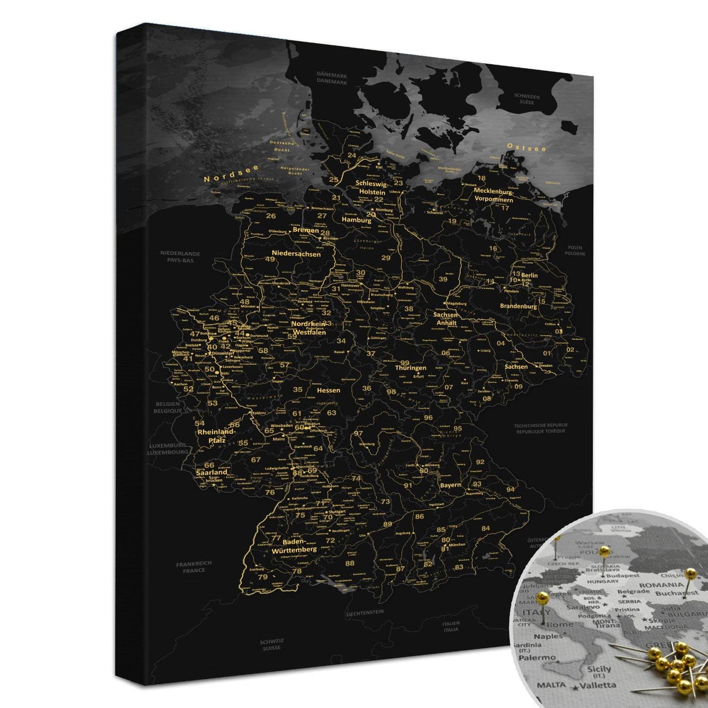 Leinwandbild - Deutschlandkarte Noir - Pinnwand, Deutsch|Canvas Art - Germany Card Noir - Pinboard, German