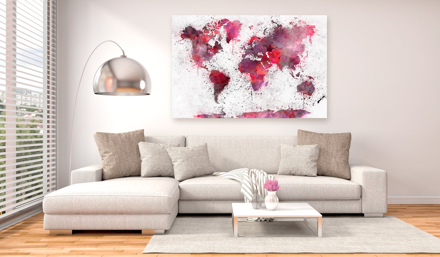 Weltkarte als Leinwandbild - Wandbild - World Map: Red Watercolors (1 Part) Wide