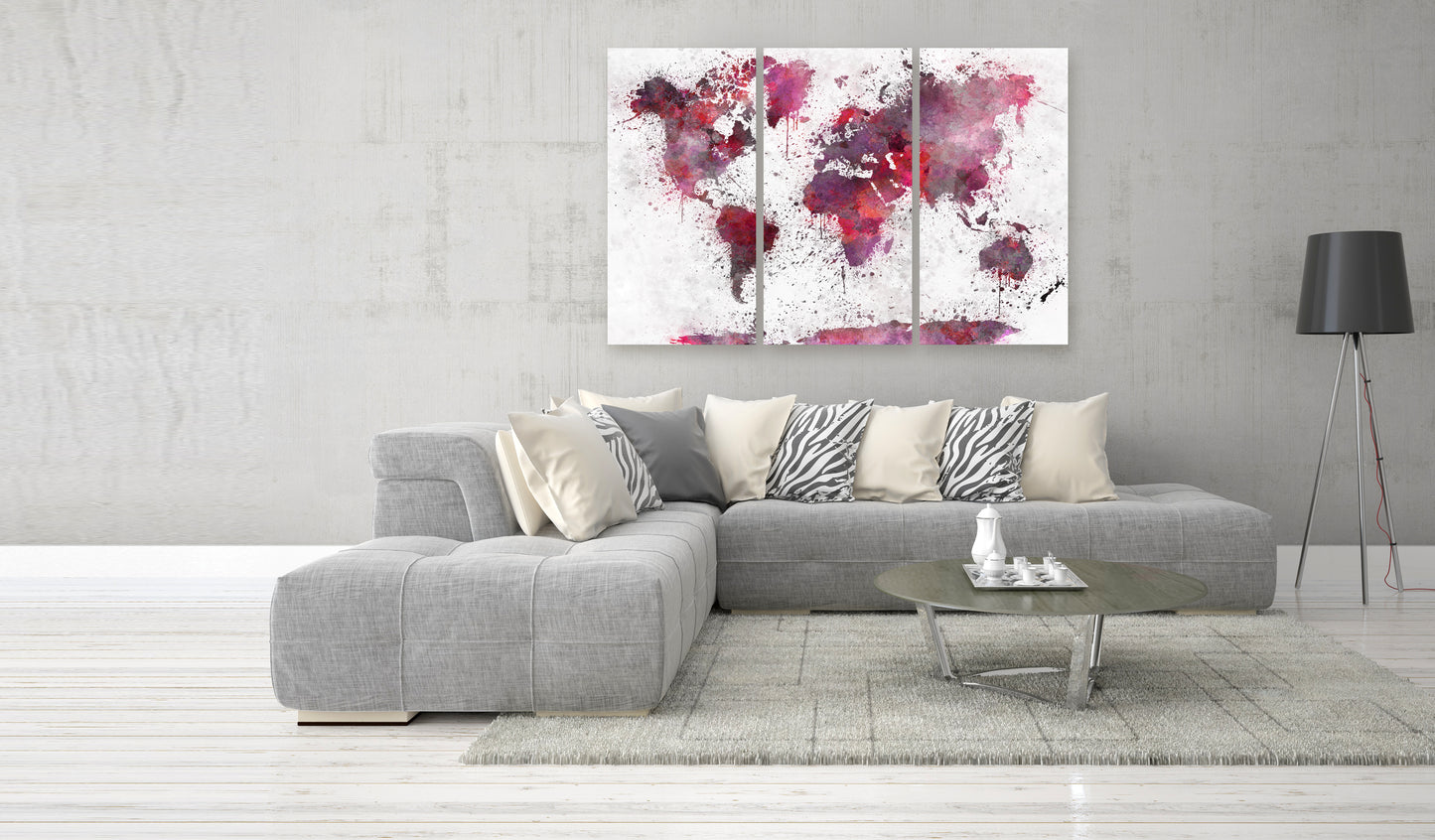 Weltkarte als Leinwandbild - Wandbild - World Map: Red Watercolors (3 Parts)