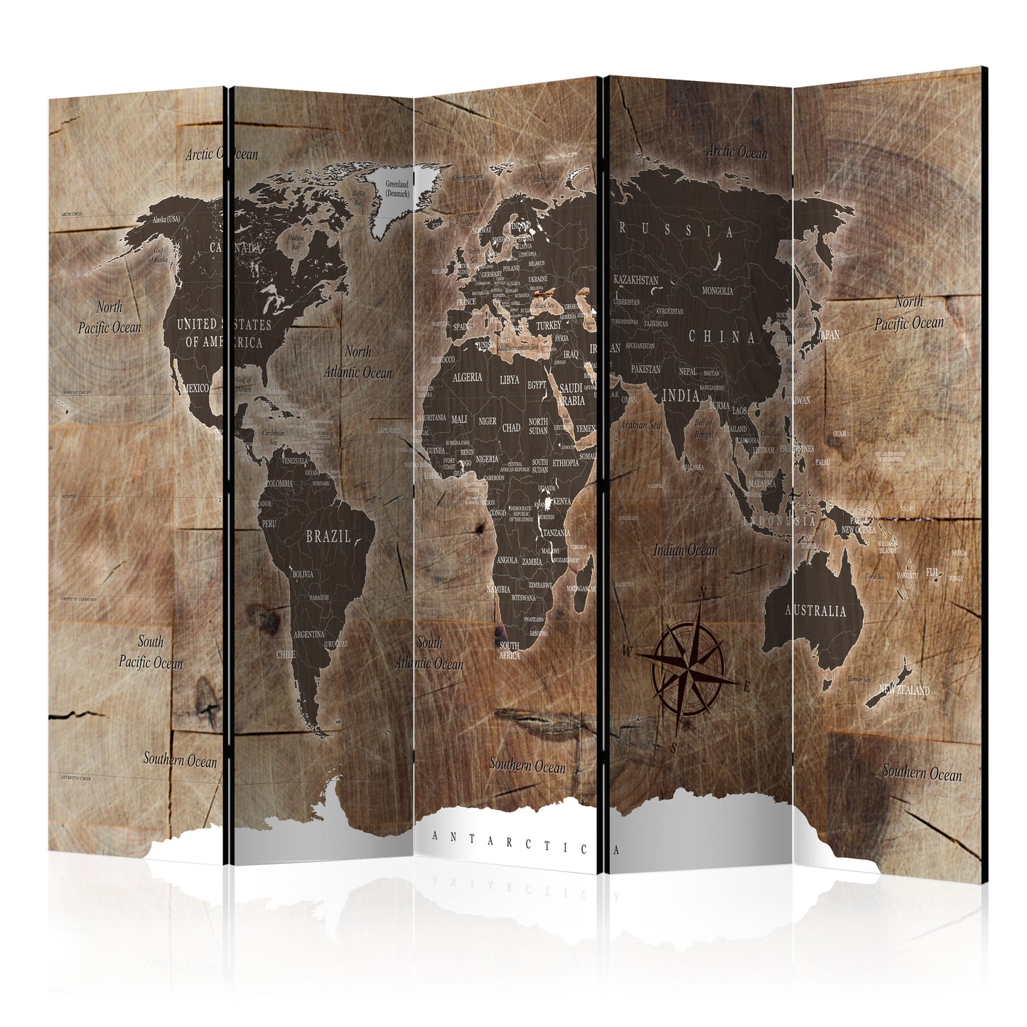 Paravent - Map on the wood (5-teilig) - WELTKARTEN24