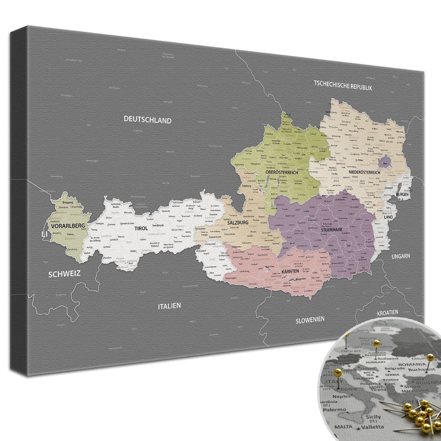 Leinwandbild - Österreichkarte Graphit Grau - Pinnwand, Deutsch|Canvas Art - Austria Graphite Grey - Pinboard, German