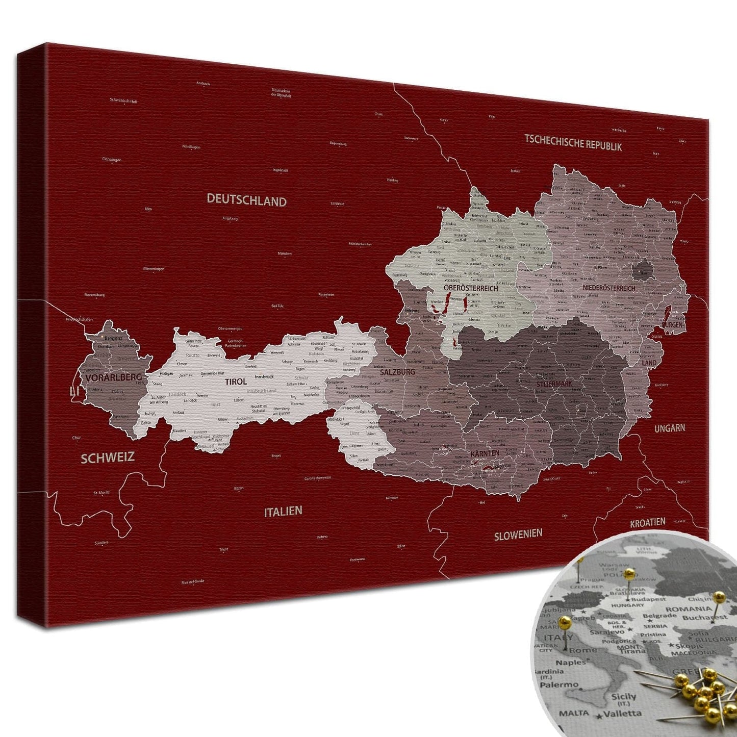 Leinwandbild - Österreichkarte Kolonialrot - Pinnwand, Deutsch|Canvas Art - Colonial Red - Pinboard, German