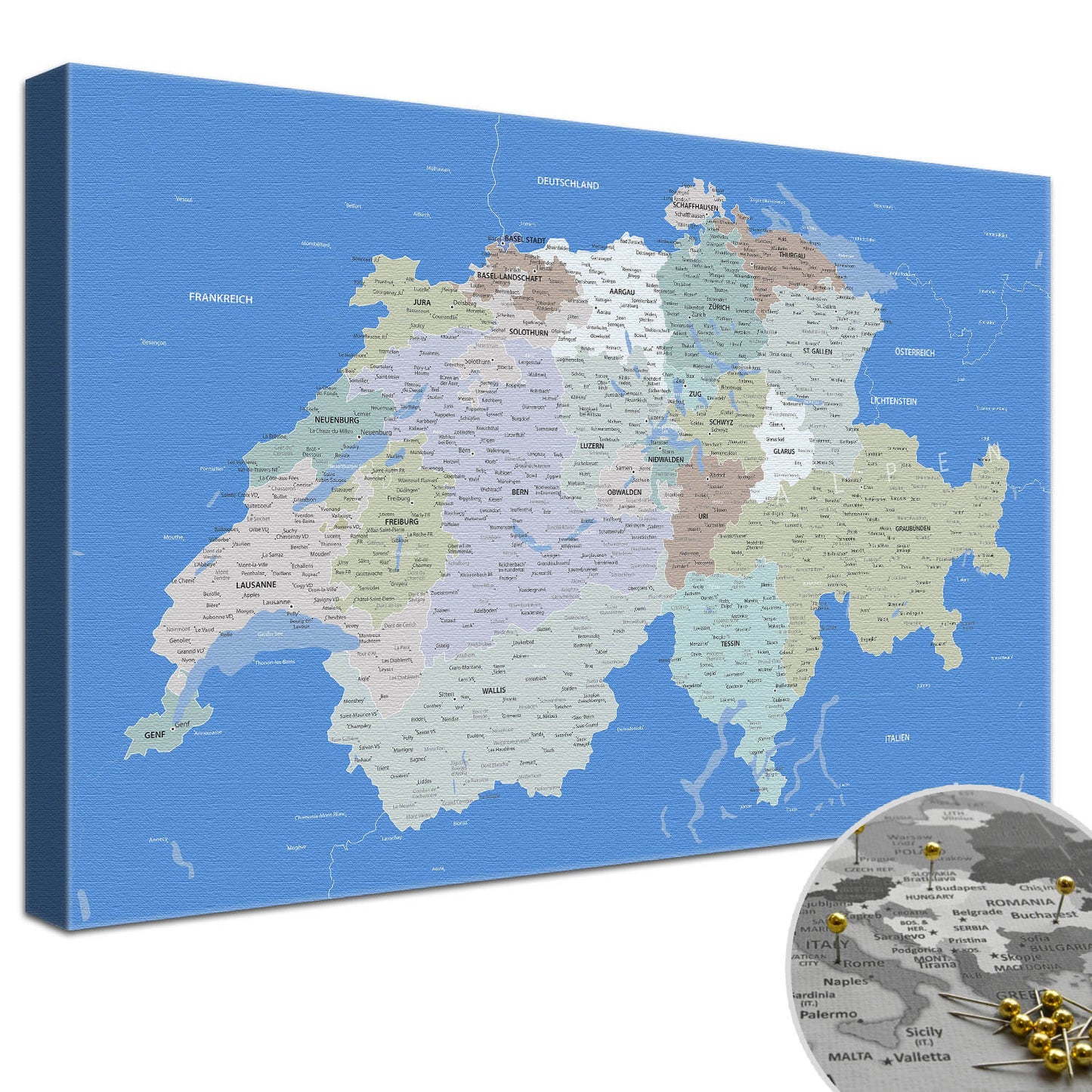 Leinwandbild - Schweizkarte Hellblau - Pinnwand, Deutsch|Canvas Art - Switzerland Lightblue - Pinboard, German