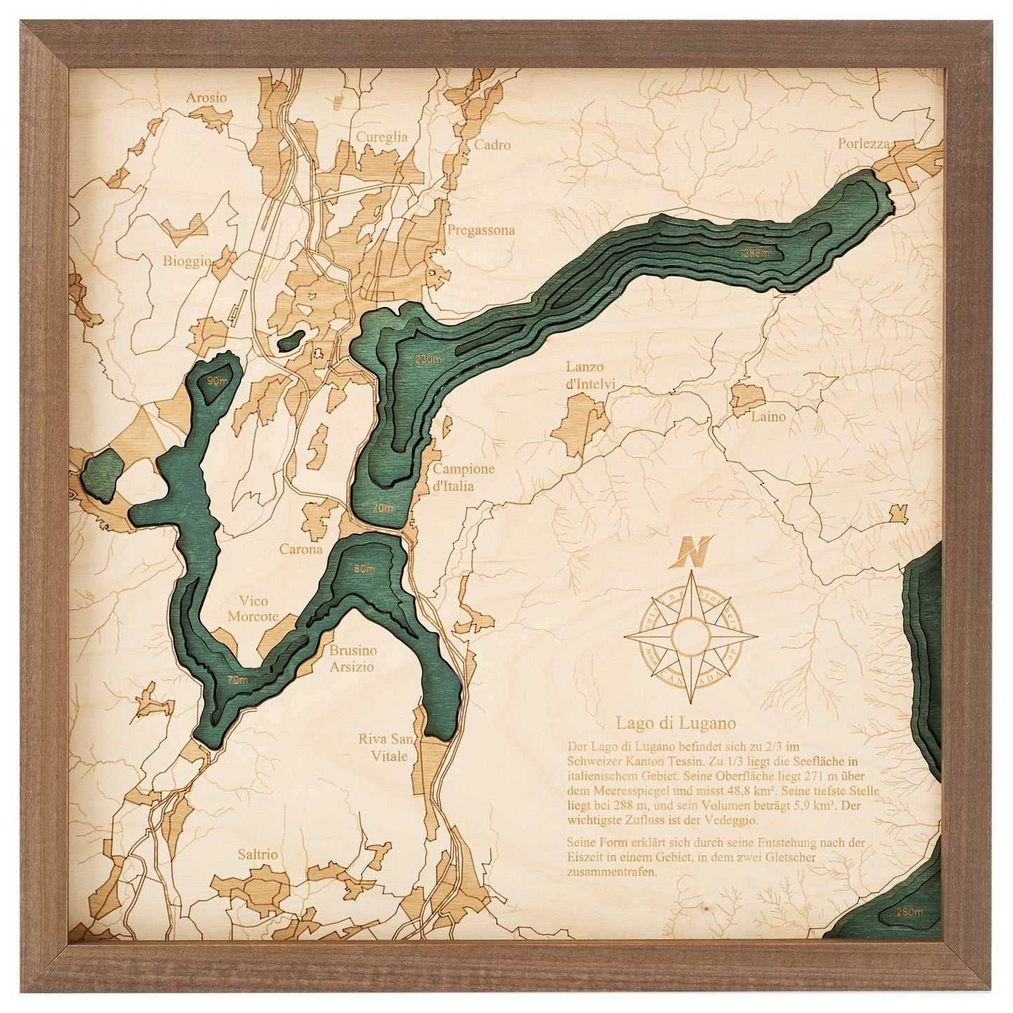 Luganer See | 3D-Holzkarte aus Holz von Cutting Brothers als Wandbild