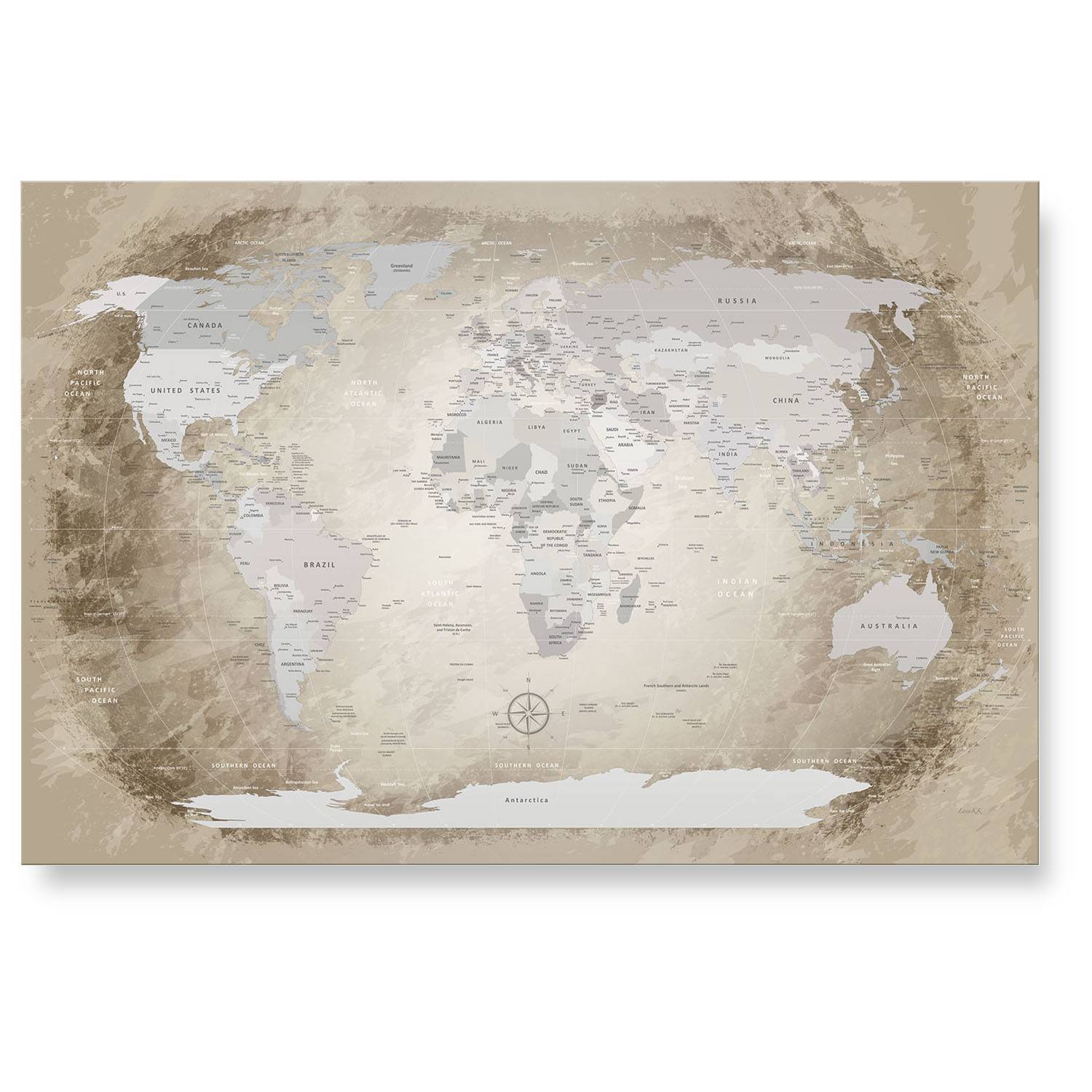 Echtglas Wandbild - Weltkarte Beige - WELTKARTEN24