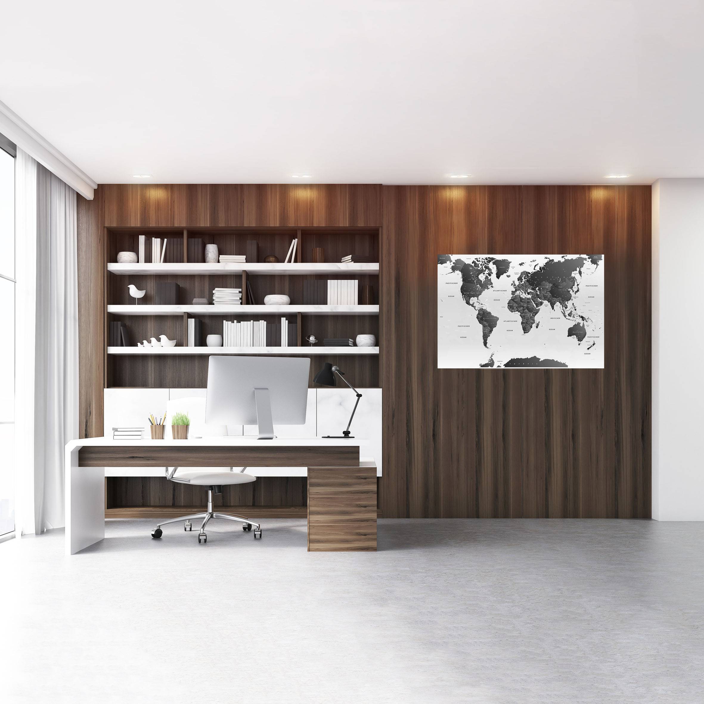 Echtglas Wandbild - Weltkarte Schwarz & Weiß - hell - WELTKARTEN24