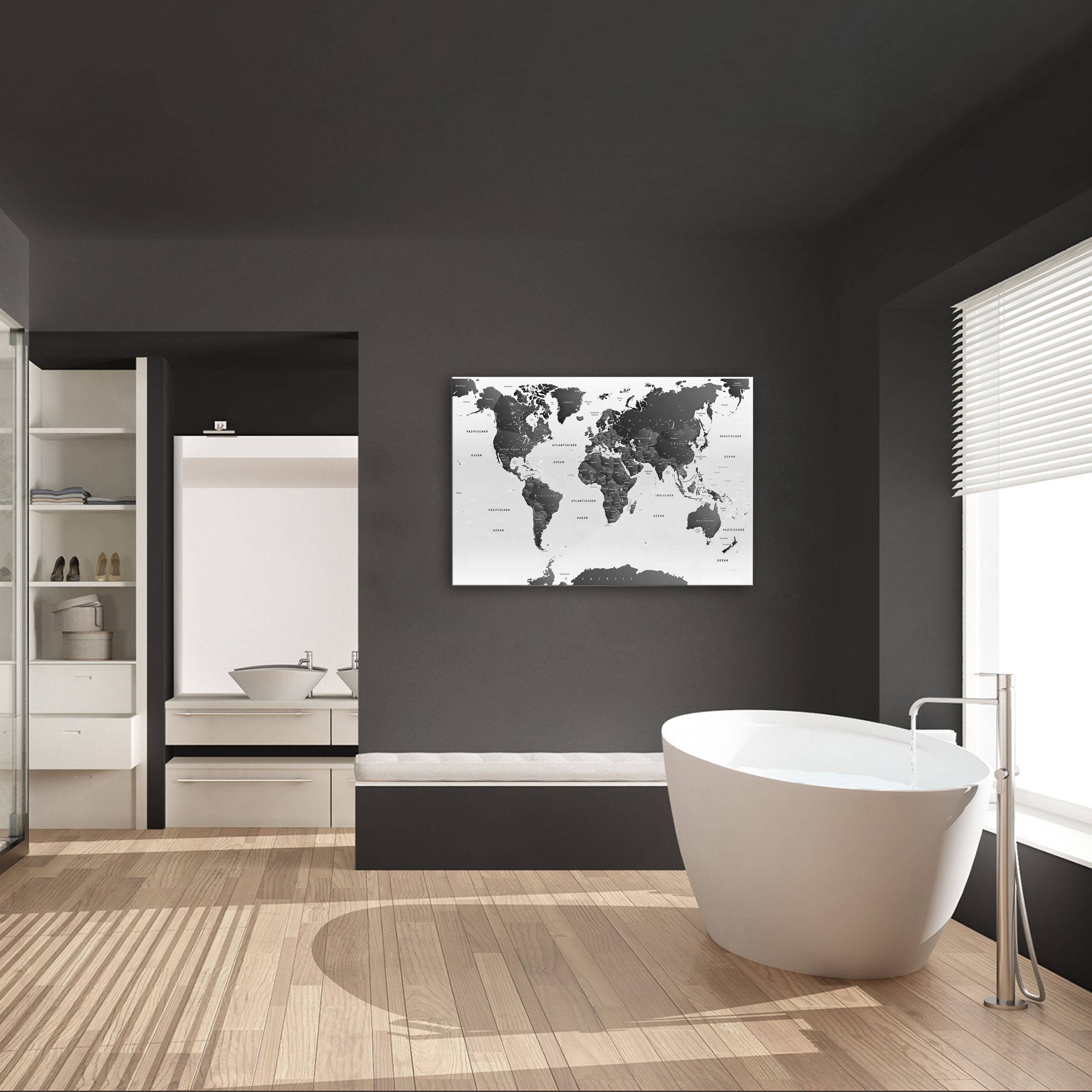 Echtglas Wandbild - Weltkarte Schwarz & Weiß - hell - WELTKARTEN24