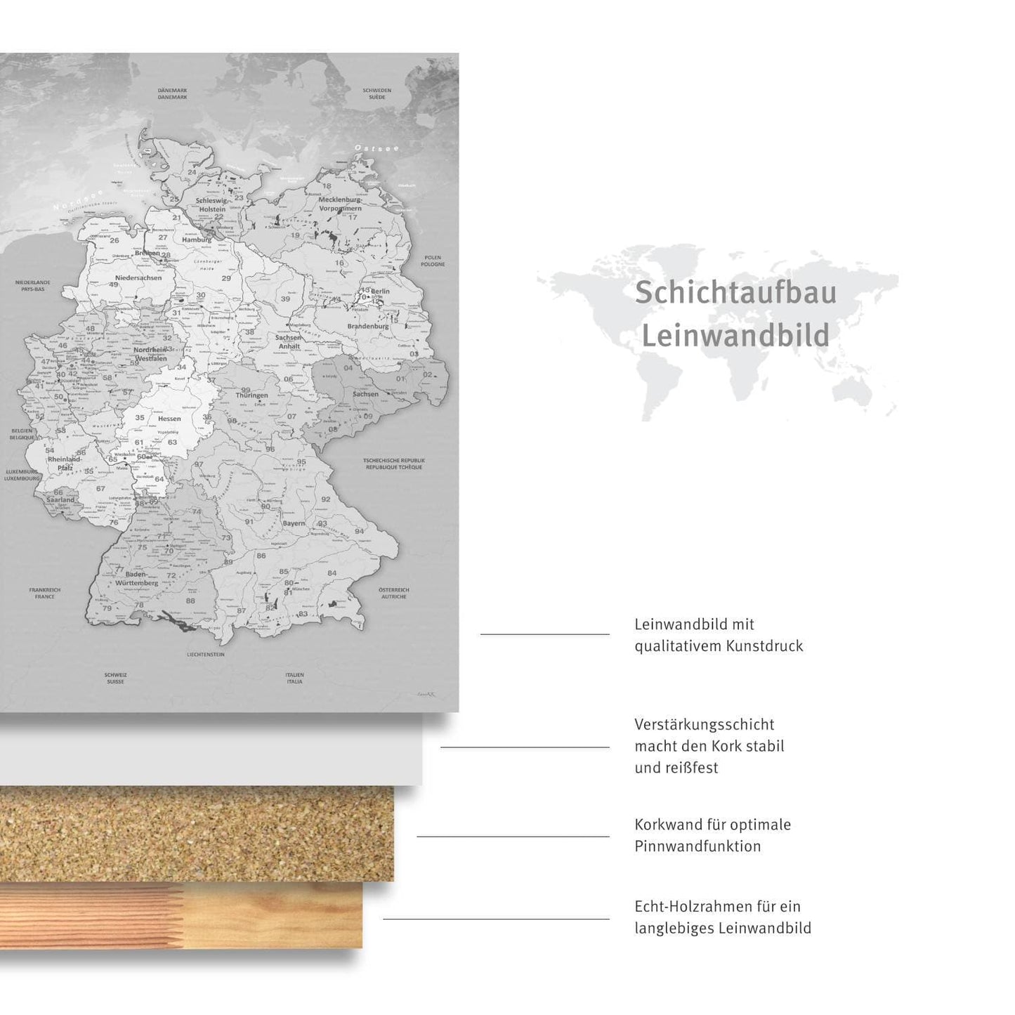 Leinwandbild - Deutschlandkarte Hellgrau  - Pinnwand, Deutsch|Canvas Art - Germany Map Light Gray - Pinboard, German