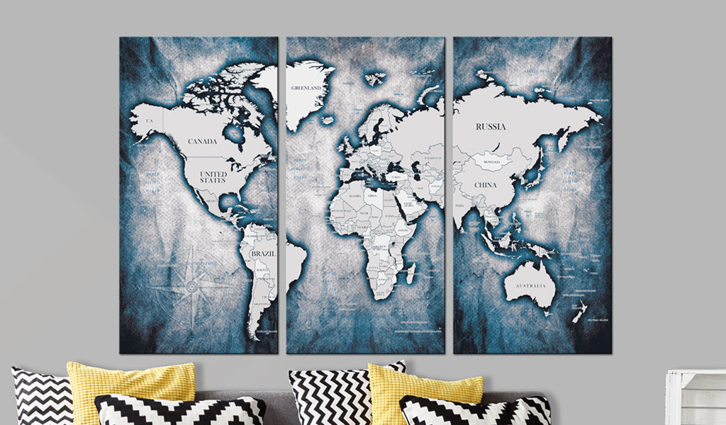 Weltkarte als Leinwandbild - Wandbild - World Map: Ink Triptych