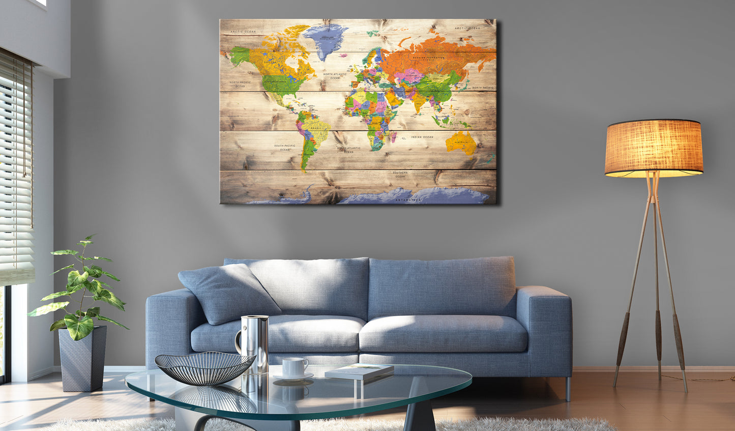 Weltkarte als Leinwandbild - Wandbild - Map on wood: Colourful Travels