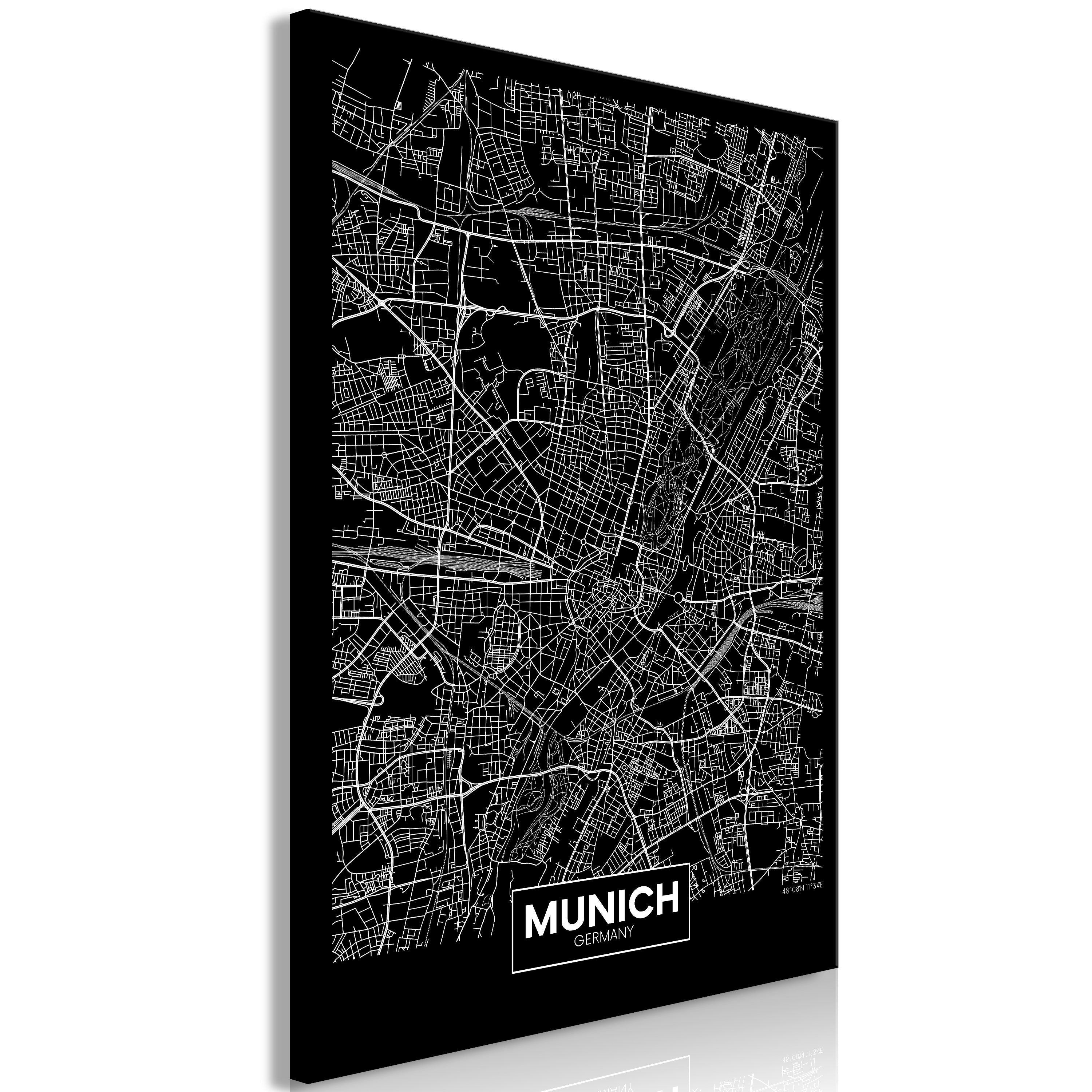 Weltkarte als Leinwandbild - Wandbild - Dark Map of Munich (1 Part) Vertical
