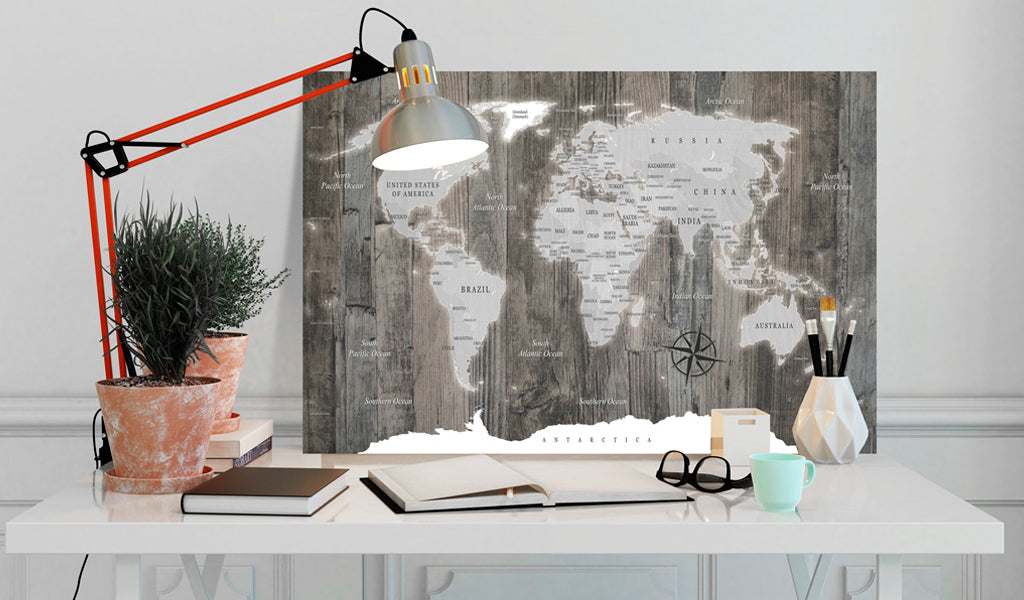 Weltkarte als Leinwandbild - Wandbild - World Map: Wooden World