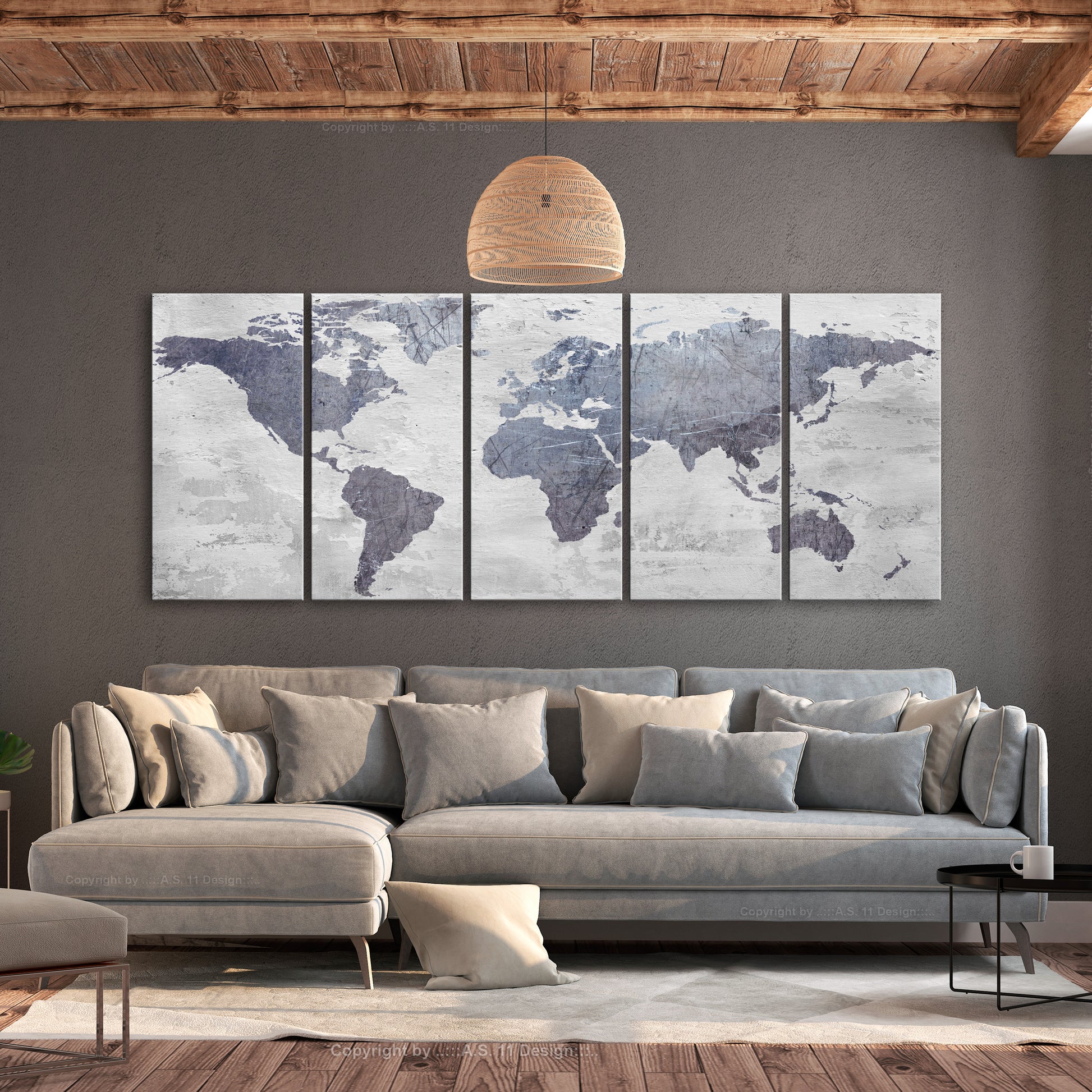 Weltkarte als Leinwandbild - Wandbild - Concrete World Map (5 Parts) Narrow