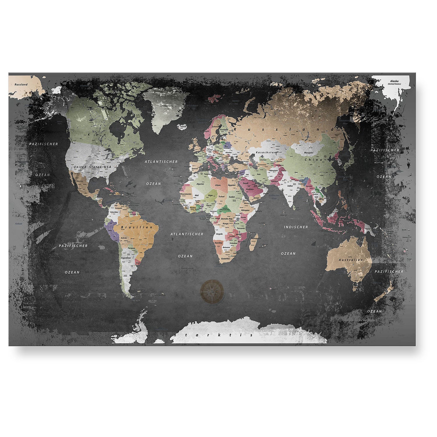 Echtglas Wandbild - Weltkarte Graphit - WELTKARTEN24