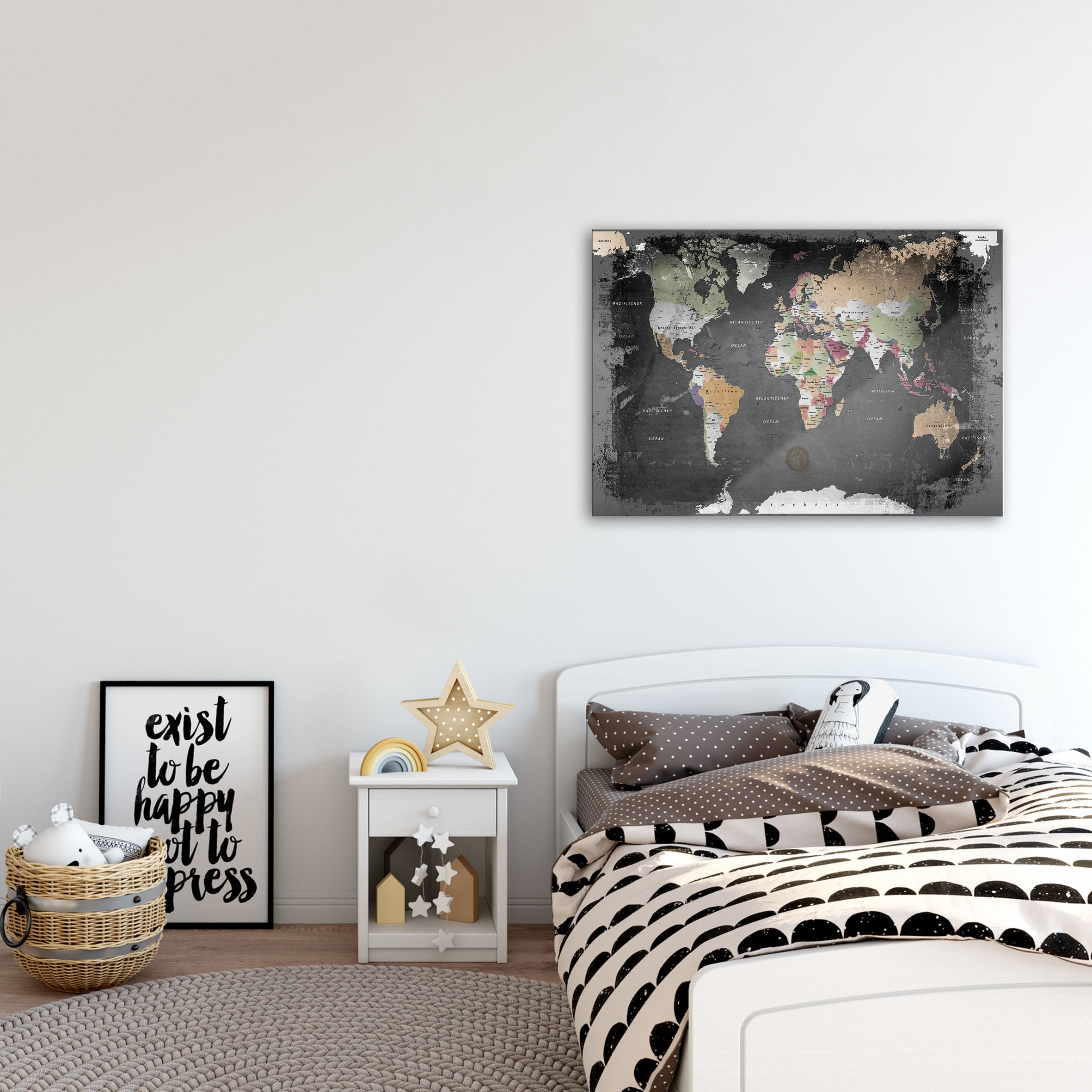 Echtglas Wandbild - Weltkarte Graphit - WELTKARTEN24