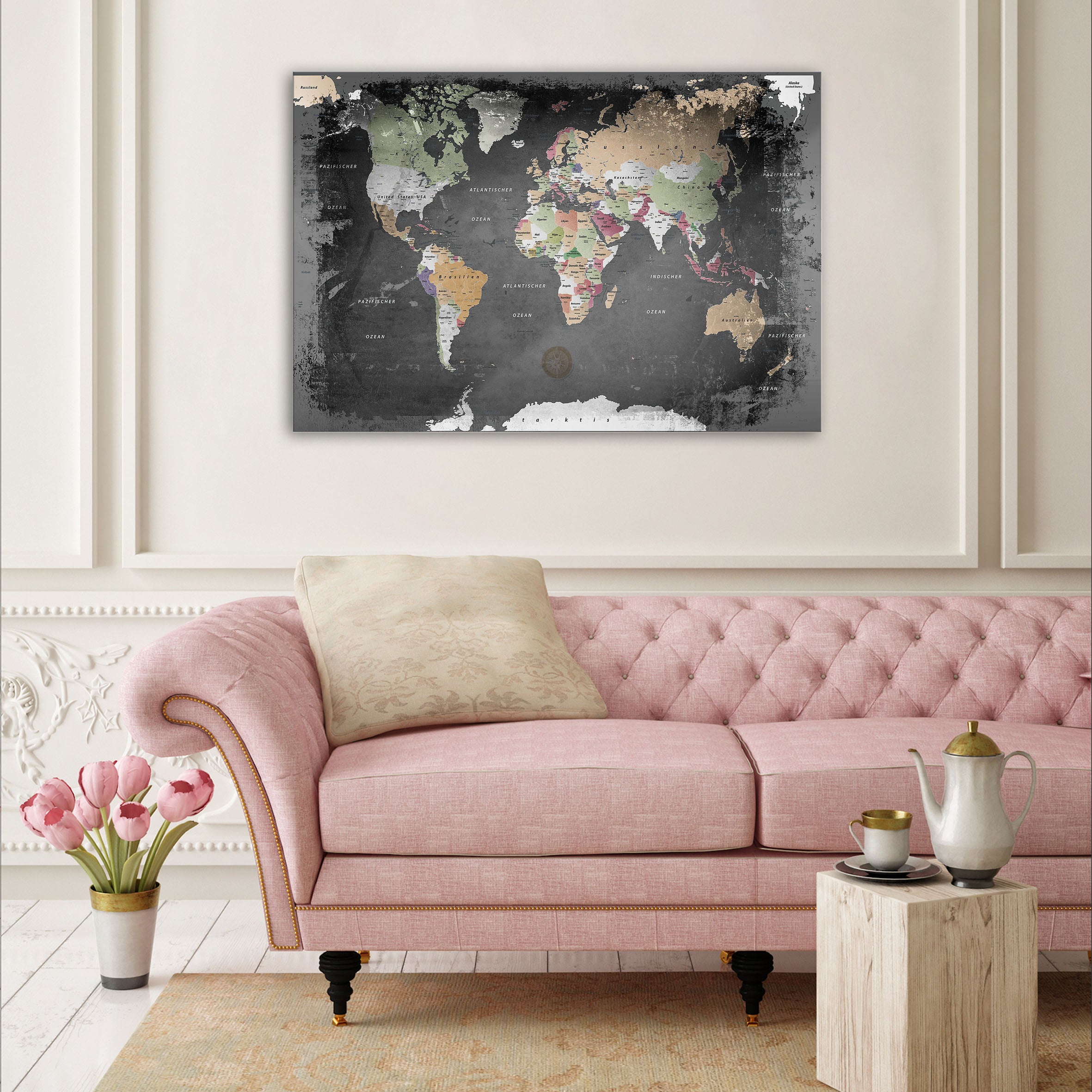 Echtglas Wandbild - Weltkarte Graphit - WELTKARTEN24