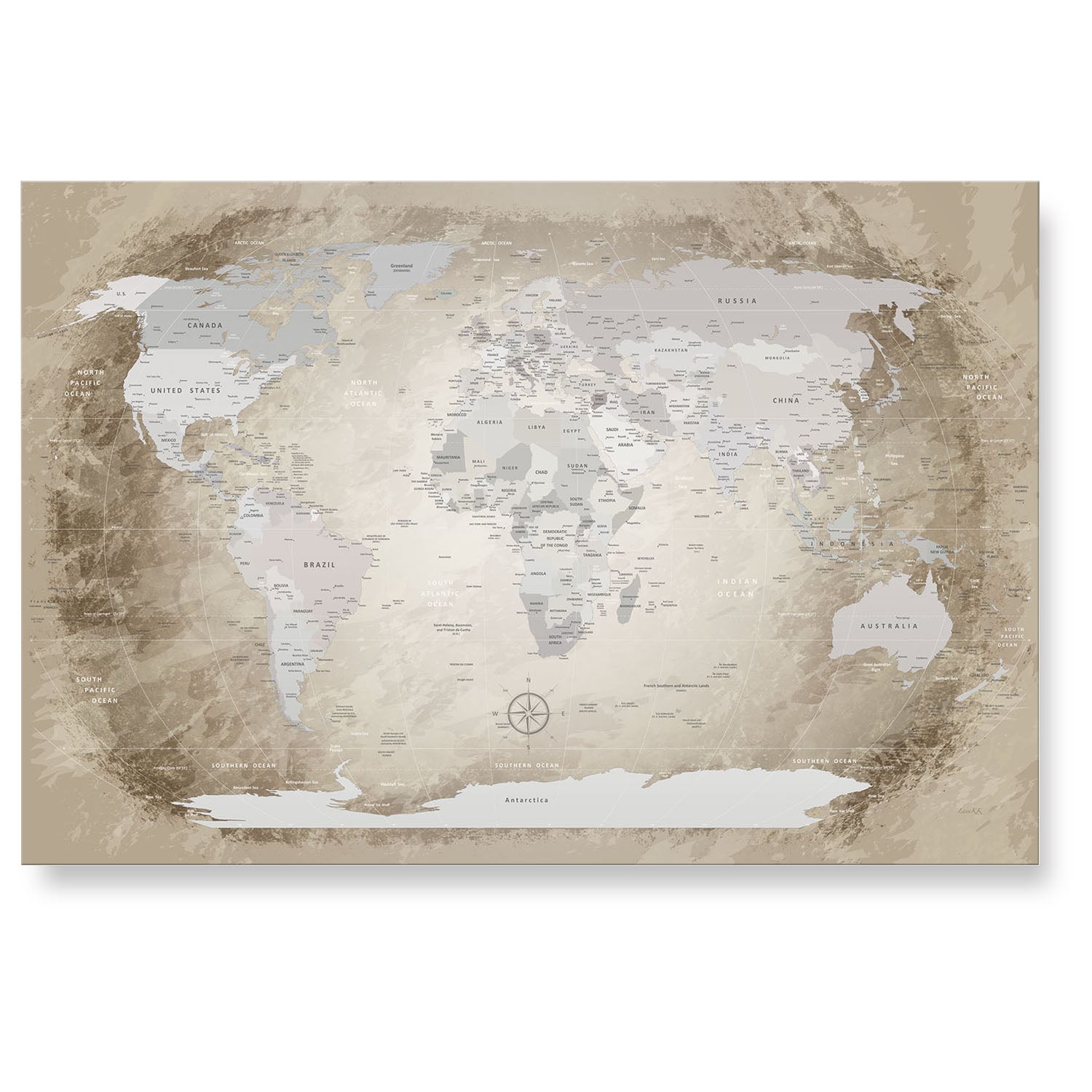 Echtglas Wandbild - Weltkarte Beige - WELTKARTEN24