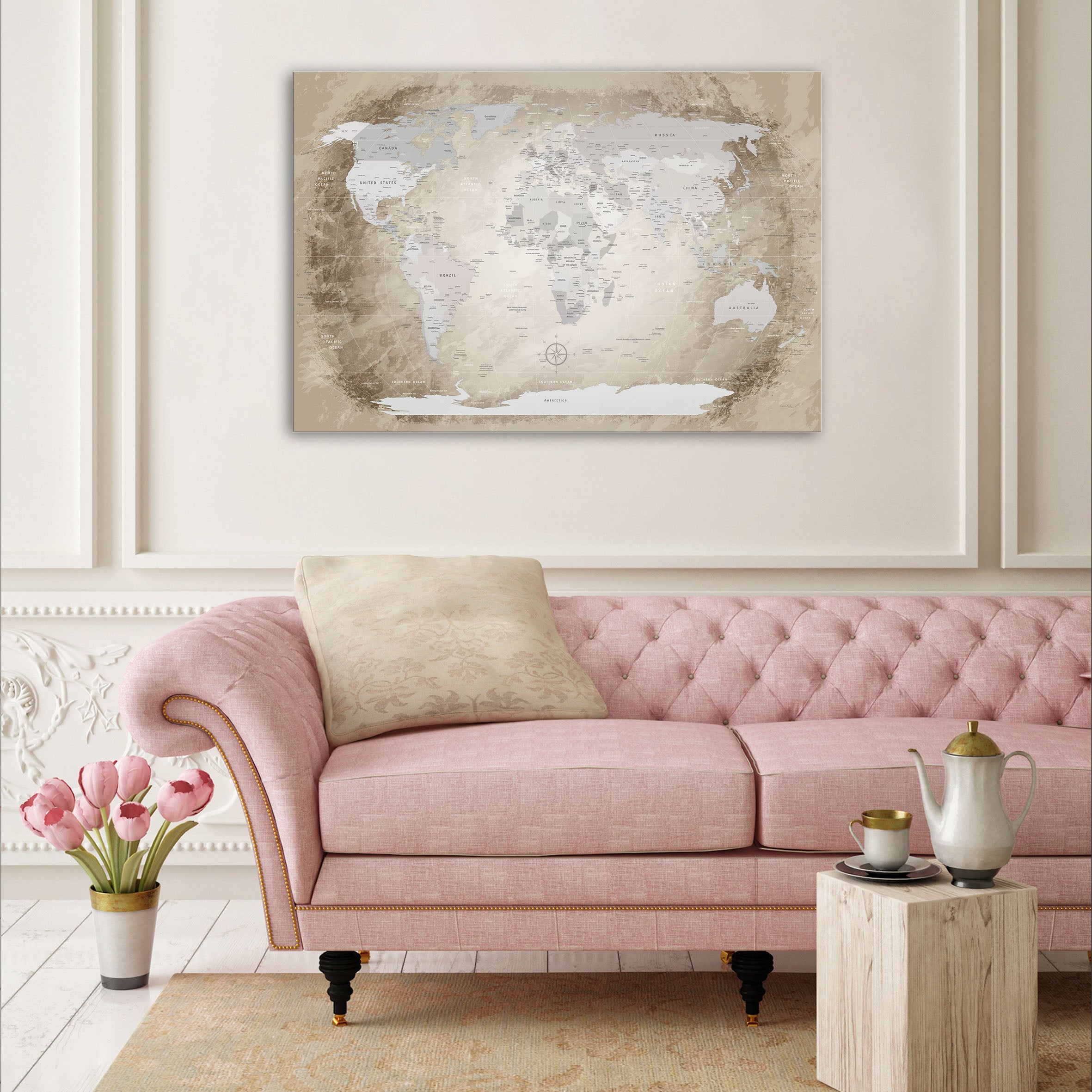 Echtglas Wandbild - Weltkarte Beige - WELTKARTEN24