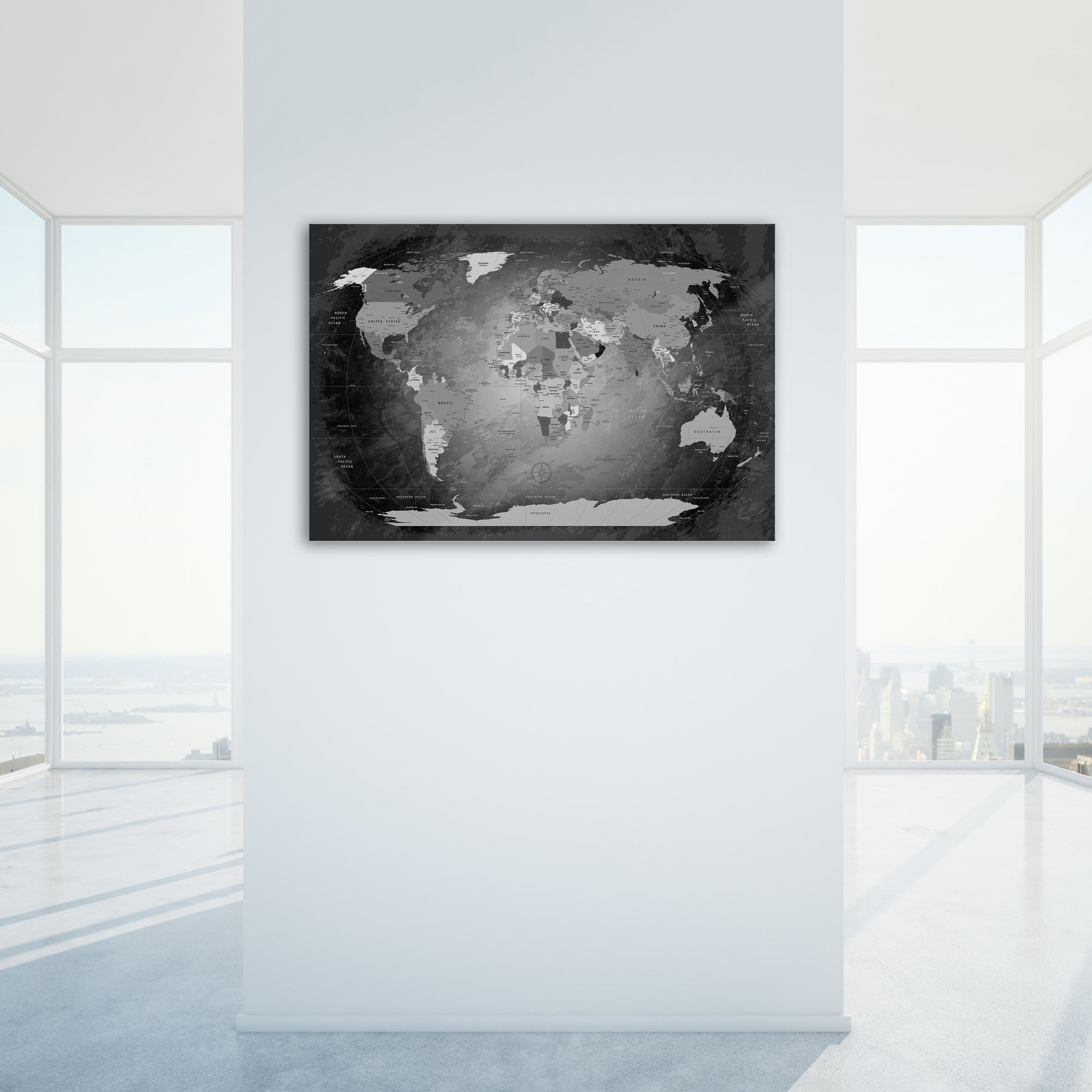 Echtglas Wandbild - Weltkarte Schwarz & Weiß - WELTKARTEN24