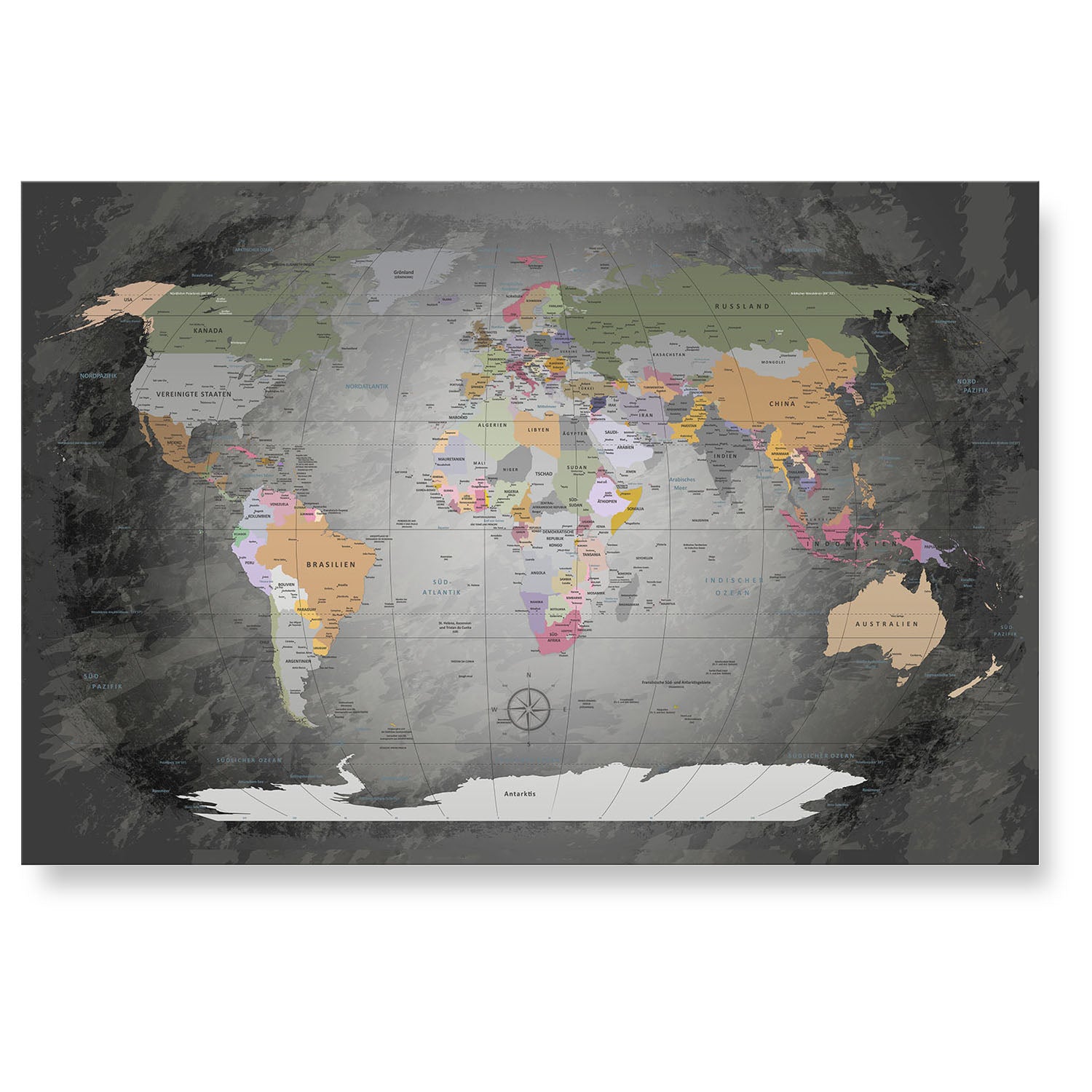 Echtglas Wandbild - Weltkarte Edelgrau - WELTKARTEN24