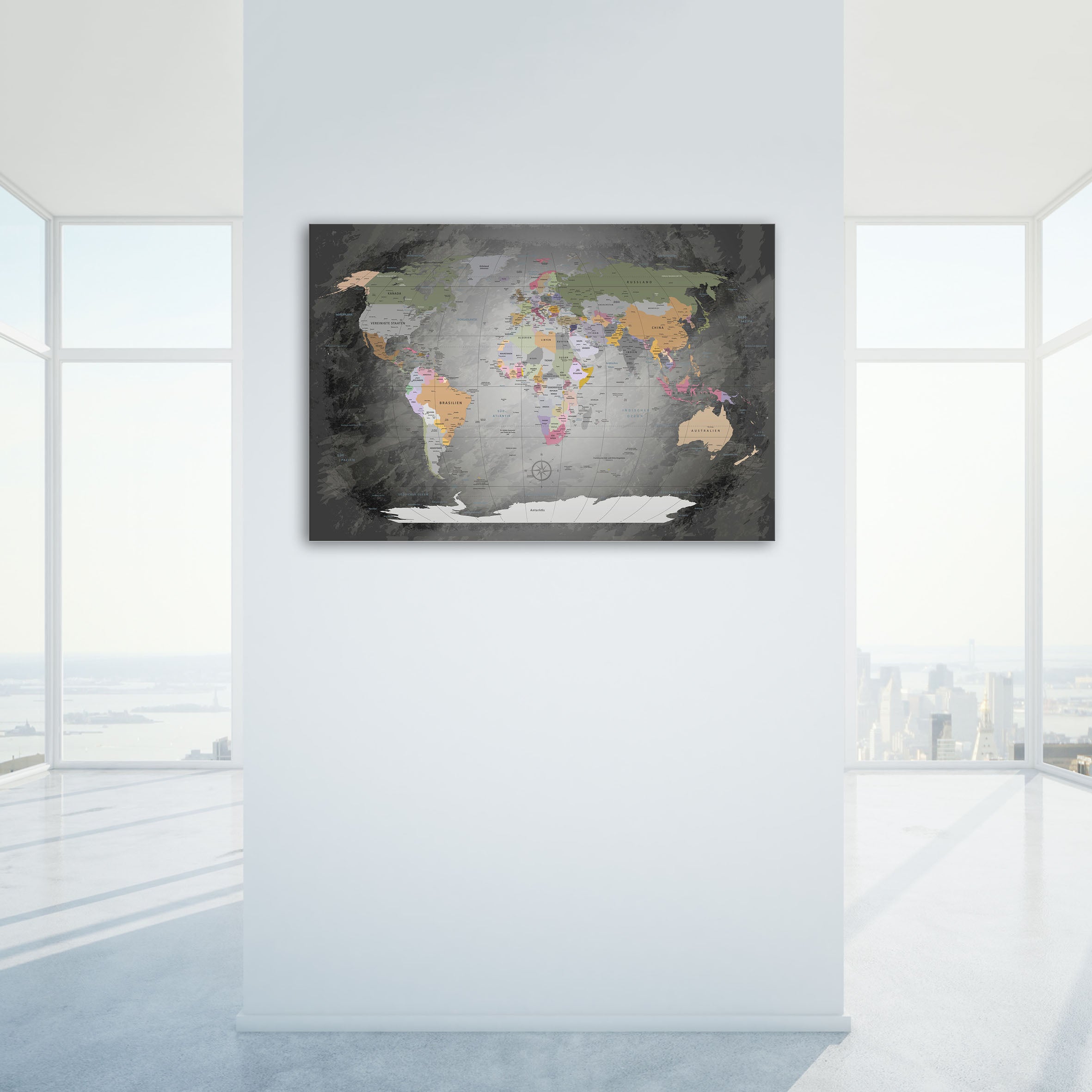 Echtglas Wandbild - Weltkarte Edelgrau - WELTKARTEN24